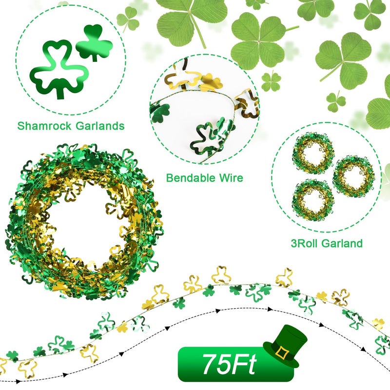 CCINEE 75 Feet St Patricks Day Tinsel Garland, Green Wire Tinsel Shamrock Garlands for Wicked Party Decoration Wreath Making Irish Wreath Party Ornaments 3 Roll - Image 4