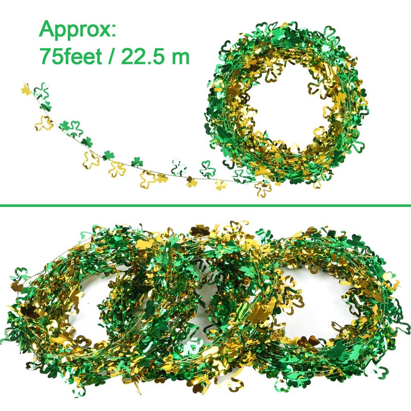 CCINEE 75 Feet St Patricks Day Tinsel Garland, Green Wire Tinsel Shamrock Garlands for Wicked Party Decoration Wreath Making Irish Wreath Party Ornaments 3 Roll - Image 2