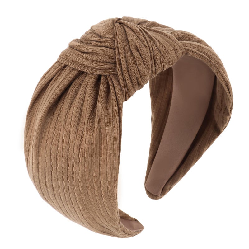 YISSION Brown Top Knot Wide Headband for Women - 3.34 Inch Comfortable Stretchy Knit Hair Band, Non-Slip Fashion Accessory for Daily Styling & Parties - Image 1