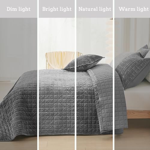 COCOPLOCEUS Quilt Set Oversized King Size 120x128 Luxurious Velvet Bedding Sets with 2 Pillow Shams 20x36 3 Pieces Ultra Soft Quilted Bedspread Coverlet Comforter for All Season,Gray - Image 2