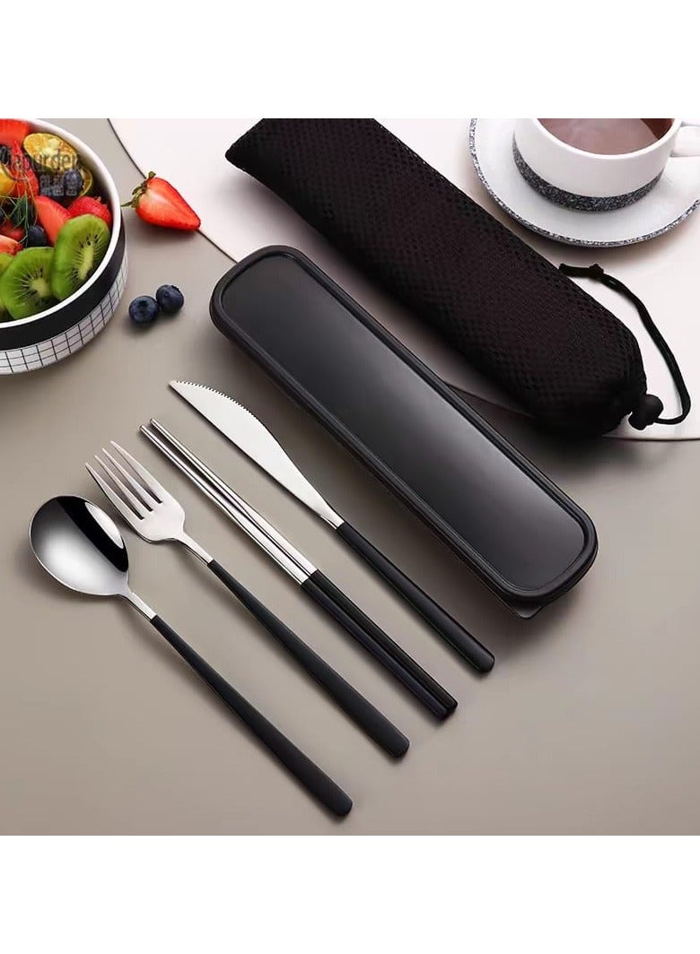 Cutlery Set – 4-in-1 Black & Silver  Stainless Steel Knife | Spoon | Fork | Chopsticks | With Box