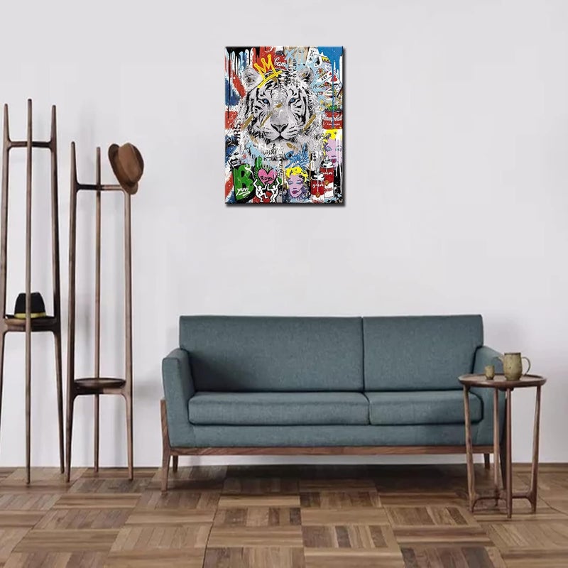 Tucocoo Tiger Graffiti Pictures Colorful Street Pop Art Paintings Banksy Canvas Wall Art Abstract Modern Artwork Home Decor for Living Room Bedroom Office Framed Ready to Hang 12x16 inch x1 Piece - Image 2