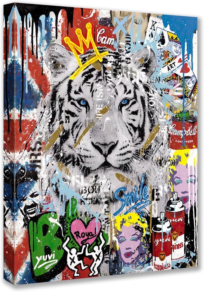 Tucocoo Tiger Graffiti Pictures Colorful Street Pop Art Paintings Banksy Canvas Wall Art Abstract Modern Artwork Home Decor for Living Room Bedroom Office Framed Ready to Hang 12x16 inch x1 Piece - Image 1