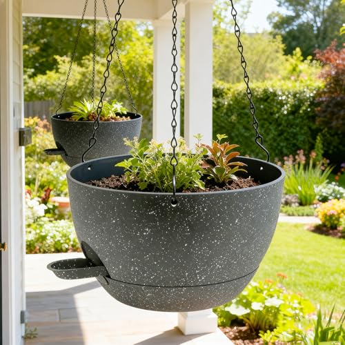 WOUSIWER Self Watering Hanging Planters 2 Pack 10 Plastic Pots with Drainage Holes Reservoir Tray Speckled Grey Indoor Outdoor Use for Ferns Ivy Herbs Succulents - Image 3