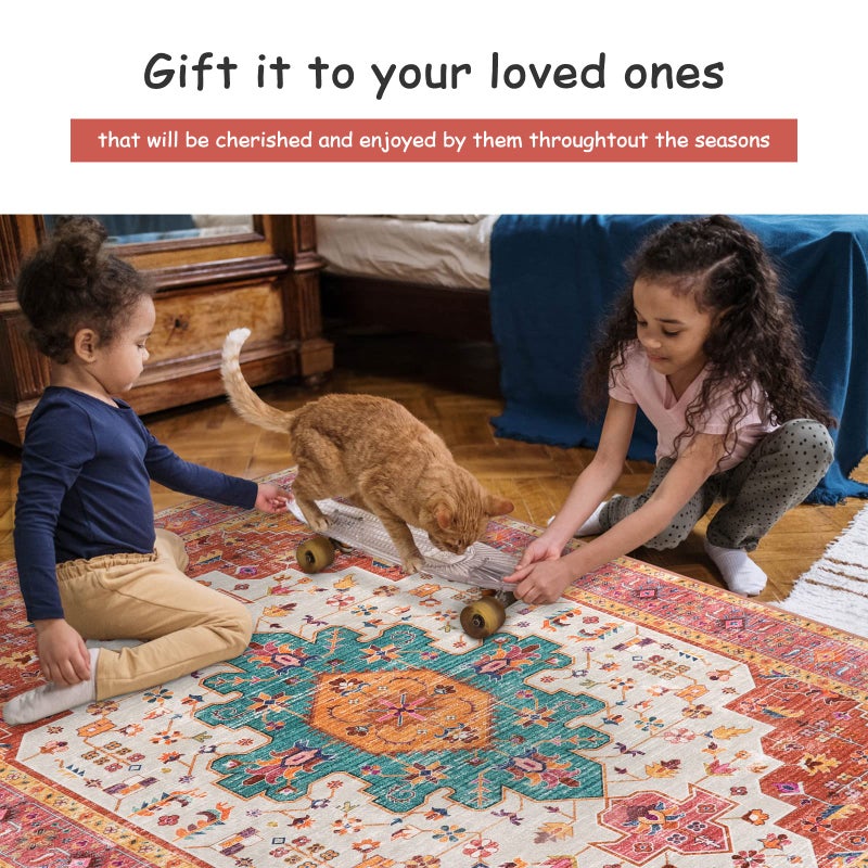 Moynesa Ultra-Thin Pink Area Rug - 8x10 Bedroom Living Room Rug Non-Slip Non-Shedding Nursery Mat, Indoor Oriental Medallion Floor Carpet for Dining Room Entryway Playroom - Image 4