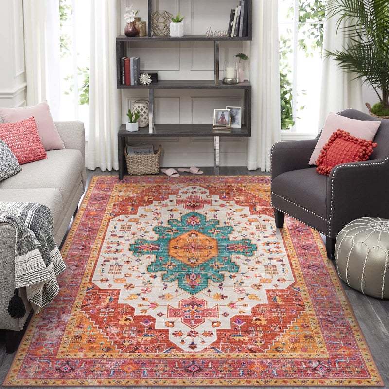 Moynesa Ultra-Thin Pink Area Rug - 8x10 Bedroom Living Room Rug Non-Slip Non-Shedding Nursery Mat, Indoor Oriental Medallion Floor Carpet for Dining Room Entryway Playroom - Image 5