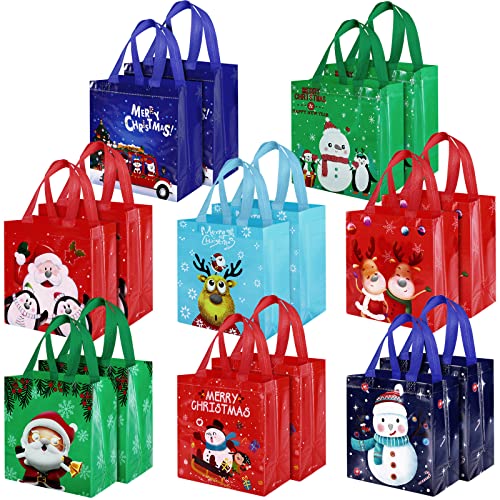 Weewooday 16 Pack Reusable Christmas Tote Bags Christmas Shopping Handbags Santa Bags Bulk Tote Gift with Handles for Xmas Santa Party Supply
