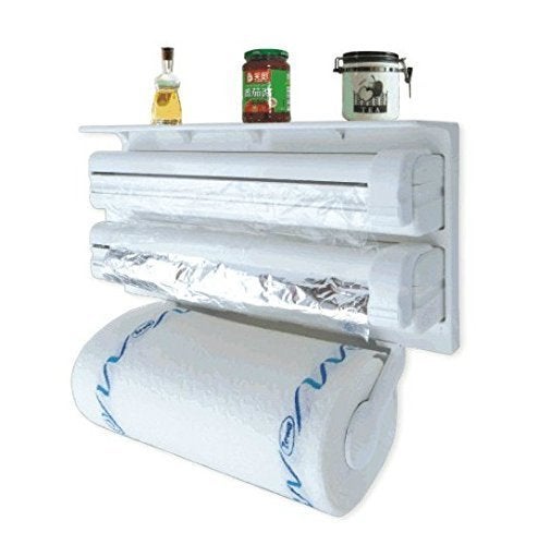 Glive 3 in 1 Plastic Kitchen Triple Paper Dispenser and Holder for Foil Cling Wrap Standard Size White - Image 1
