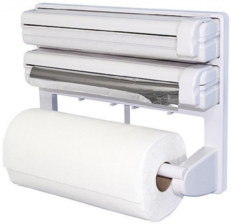 Glive 3 in 1 Plastic Kitchen Triple Paper Dispenser and Holder for Foil Cling Wrap Standard Size White - Image 2
