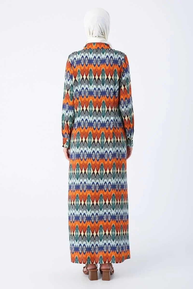 Allday Orange-Sax-Pencil Patterned Viscose Shirt Dress