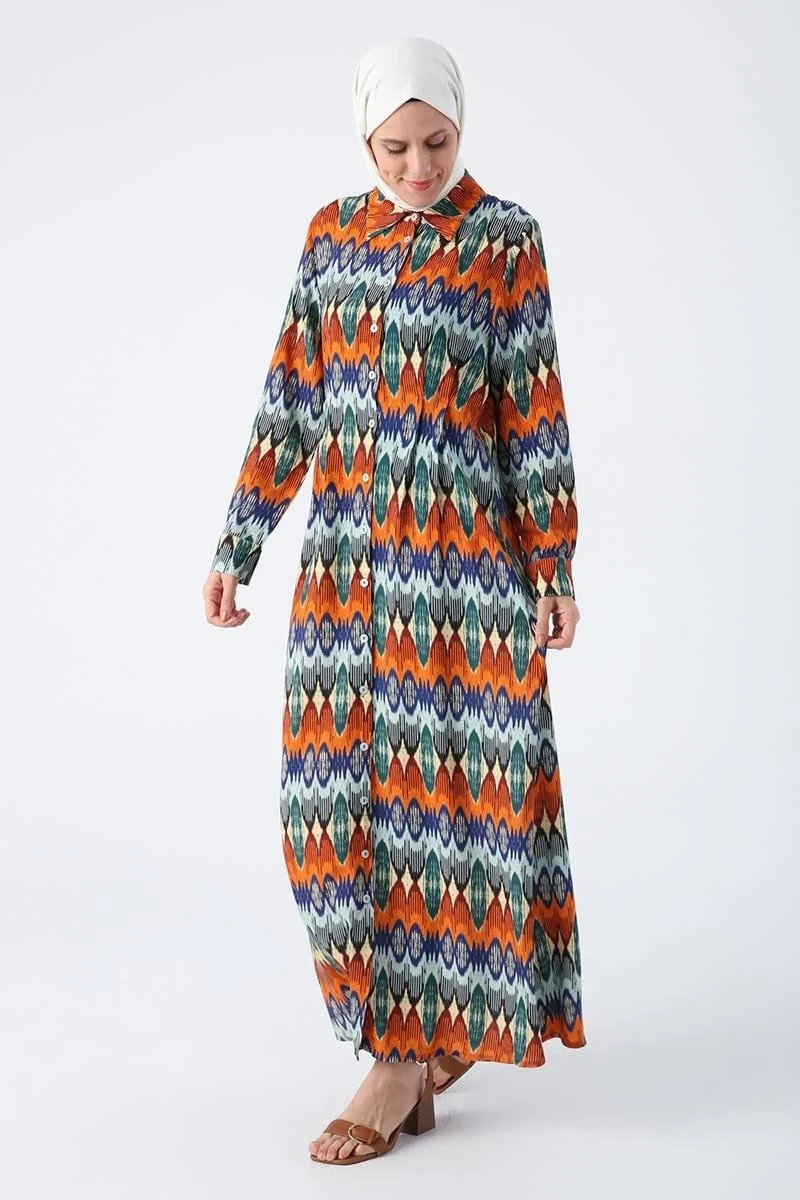 Allday Orange-Sax-Pencil Patterned Viscose Shirt Dress