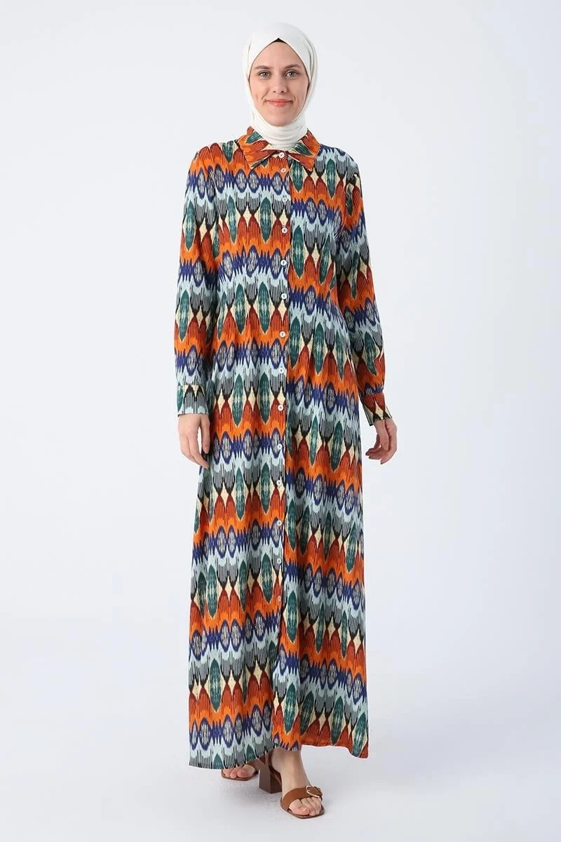 Allday Orange-Sax-Pencil Patterned Viscose Shirt Dress