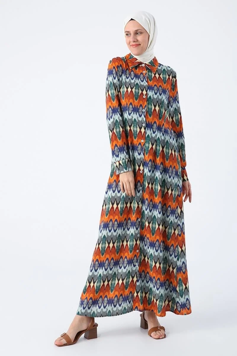 Allday Orange-Sax-Pencil Patterned Viscose Shirt Dress