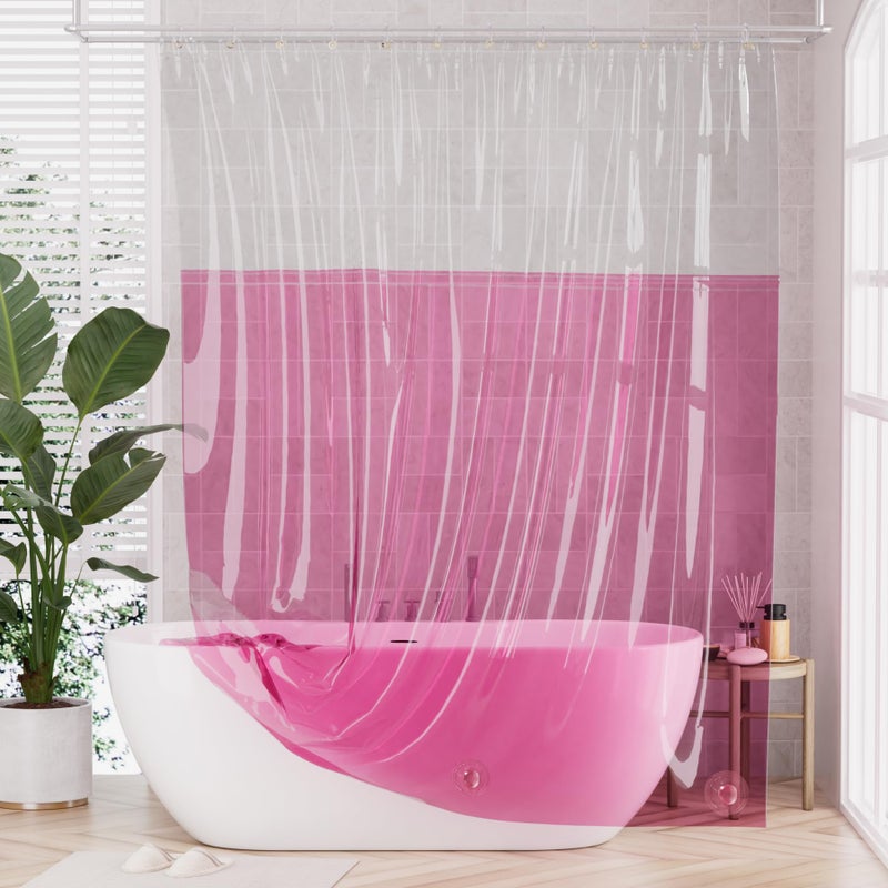 AmazerBath 100% EVA Shower Curtain Liner, 72 x 72 Inches Heavy Duty Shower Curtain and Liner 2-in-1 with 3 Clear Stones and 12 Brass Grommets, Color Block Soft Shower Liner - Clear & Bright Pink - Image 1