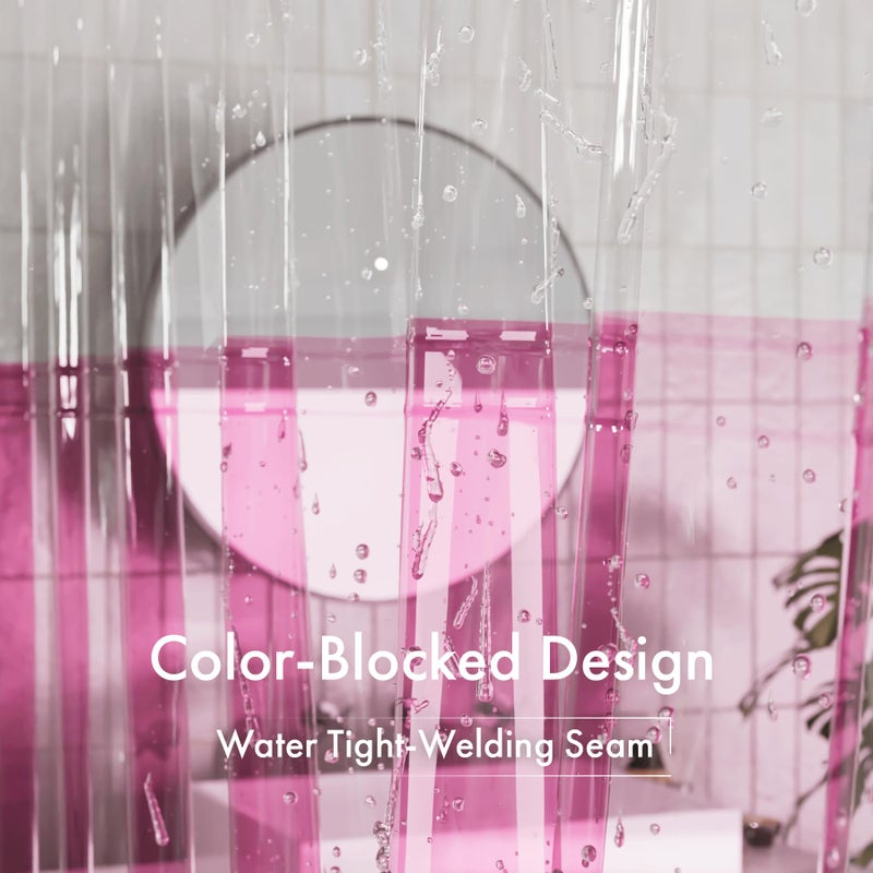 AmazerBath 100% EVA Shower Curtain Liner, 72 x 72 Inches Heavy Duty Shower Curtain and Liner 2-in-1 with 3 Clear Stones and 12 Brass Grommets, Color Block Soft Shower Liner - Clear & Bright Pink - Image 2