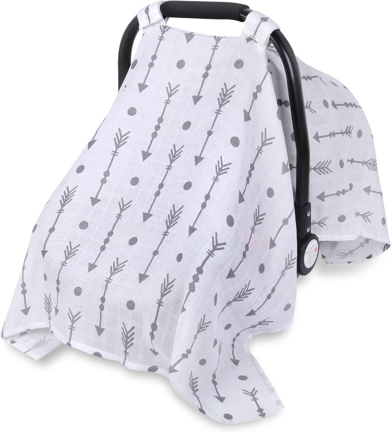 Rquite Car Seat Covers for Babies, 100% Muslin Carseat Cover Boys Girls, Lightweight Infant Car Seat Canopy, Soft Breathable Baby Carrier Cover, Summer Stroller Cover (Grey Arrow) - Image 1