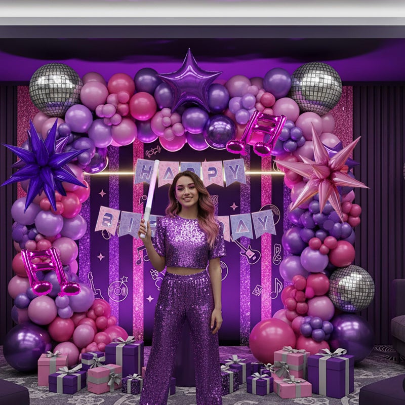 froufing K-Pop Music themed Birthday Decorations with Hot Pink Metallic Purple Balloon Garland Arch Kit & Disco Notes Star foil Balloons & Banner for Girls fans Birthday Party grad Prom Decorations - Image 3
