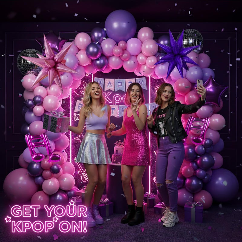 froufing K-Pop Music themed Birthday Decorations with Hot Pink Metallic Purple Balloon Garland Arch Kit & Disco Notes Star foil Balloons & Banner for Girls fans Birthday Party grad Prom Decorations - Image 2