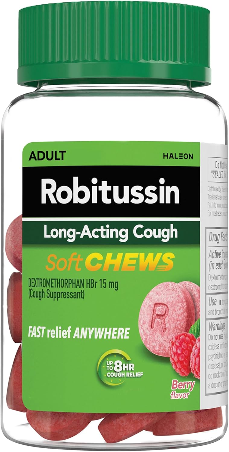 Robitussin Soft Chews LongActing Cough Relief Adult Formula Berry Flavor 20ct Chewable Tablets - Image 1