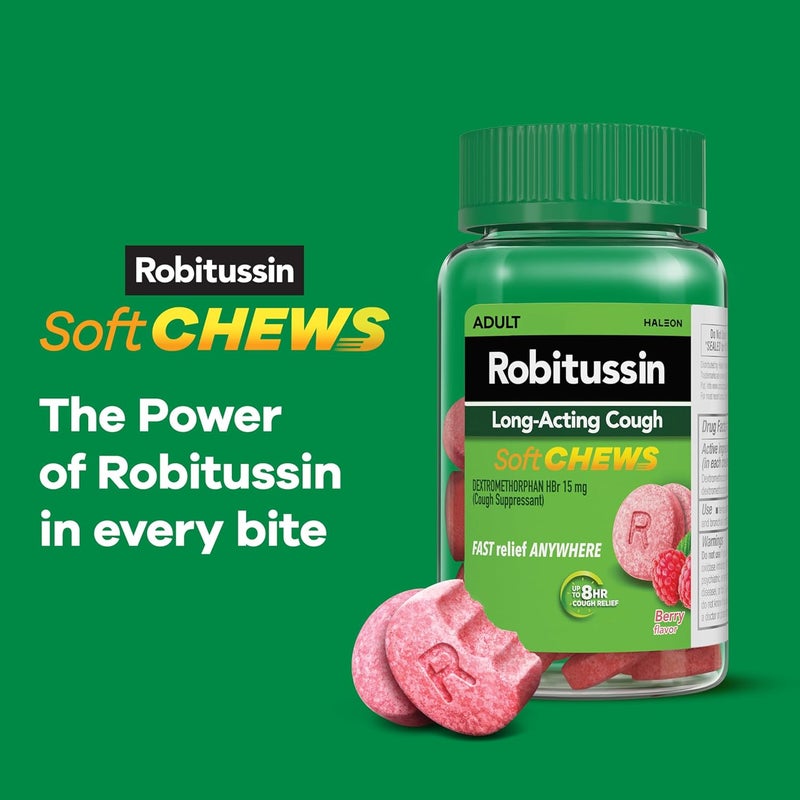 Robitussin Soft Chews LongActing Cough Relief Adult Formula Berry Flavor 20ct Chewable Tablets - Image 2