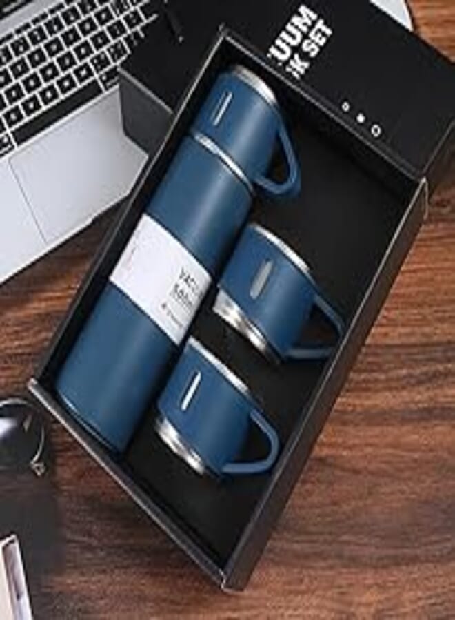 Nessan 3-Piece Stainless Steel Gift Set Vacuum Thermal Mug Flask Bottle with 2 Extra Cup Set Leak-proof Mug Insulated Travel Business Trip Water Bottle Thermos Hot & Cold Up to 12 Hours 500ml - Blue