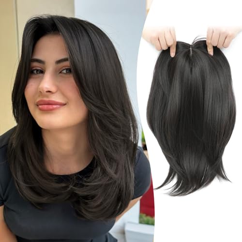 Ms Taj 12 Inch Hair Topper for Women with Thinning Hair 65x65 Large Base Synthetic Topper with Bangs Fiber Wiglets Ladies Hair Pieces for Daily Wear Work PartyBrown Black - Image 1