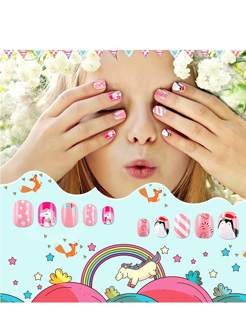 Girls Press-on Nails , Cartoon Nail Stickers for Kids, 72 Pieces 6 Box Removable Patches with Adhesive Back Full Coverage Nail Stickers Girls Nail Art Decoration - Image 1