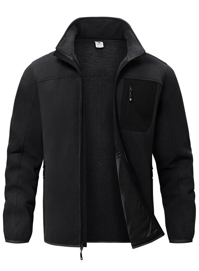 Rdruko Men's Fleece Jacket Full Zip Sherpa Lined Thick Warm Winter Outdoor Hiking Jacket, Black, M - Image 1