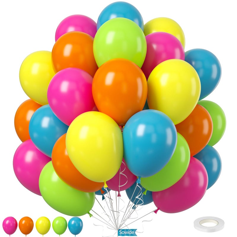 Sowide Rainbow Balloons 50Pcs 12 Inches Yellow Orange Hot Pink Lime Green Neon Balloons Multicolor for Kids Colorful Rainbow Birthday Tropical Pool Party Supplies Baby Shower Backdrop Decorations - Image 2