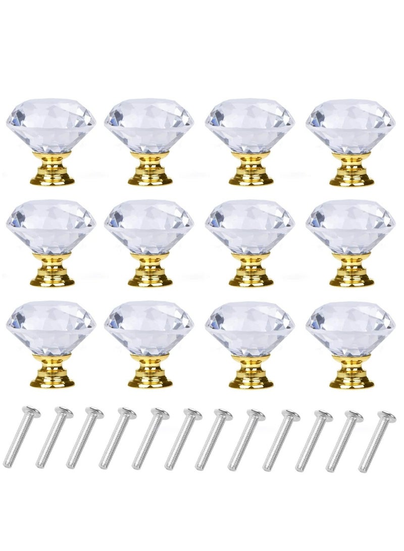 Sylqvxh 12 Pack Drawer Knobs Diamond Shaped Crystal Glass 30mm Cabinet Knobs Pull Handles (Gold) - Image 1