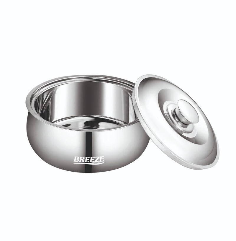 BREEZE 1500ml Stainless Steel Insulated Thermal Serving Bowl, Double Wall, Belly Shape Casserole with Self Locking Lid, Silver - Image 1