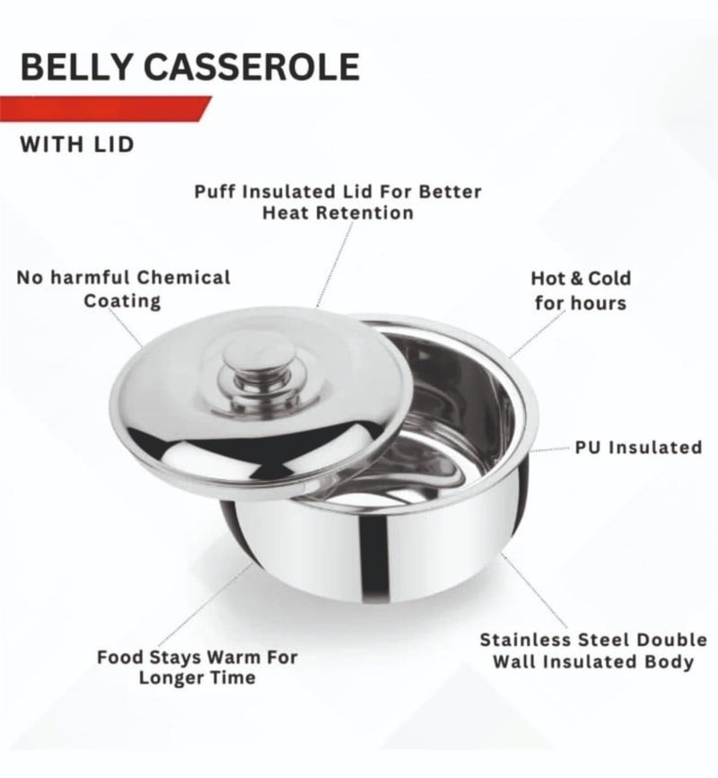 BREEZE 1500ml Stainless Steel Insulated Thermal Serving Bowl, Double Wall, Belly Shape Casserole with Self Locking Lid, Silver - Image 5