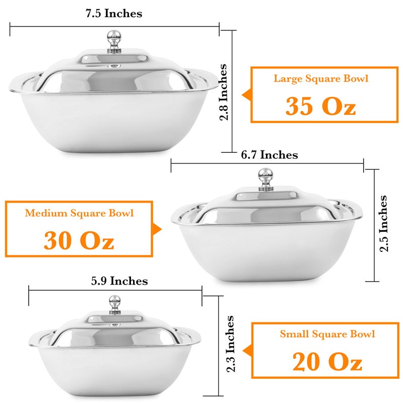 CRAFTONE Stainless Steel Square Mixing Bowls Set of 3 with Lid, Ideal for Baking & Serving Salad, Rice, Desert, Food Storage Bowl Set (20 Oz, 30 Oz and 35 Oz) - Image 2
