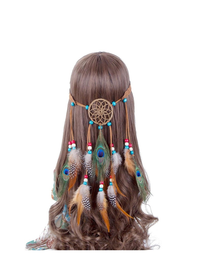 Oasisgalore Hippie Headband Feather Dreamcatcher Headdress Boho Feather Headwear Feather Headpiece Hippie Peacock Feather Festival Hair Band - Image 1