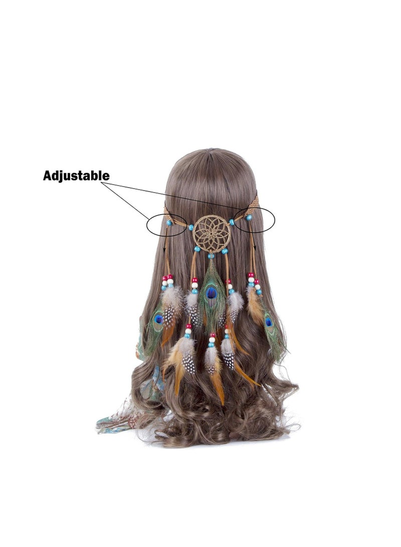 Oasisgalore Hippie Headband Feather Dreamcatcher Headdress Boho Feather Headwear Feather Headpiece Hippie Peacock Feather Festival Hair Band - Image 2