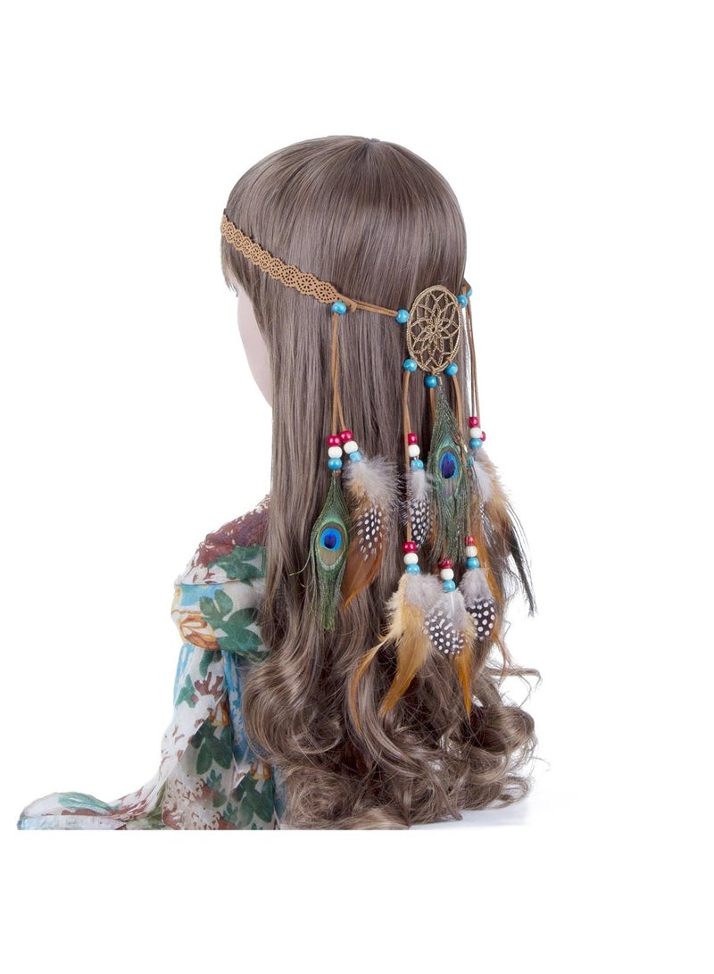 Oasisgalore Hippie Headband Feather Dreamcatcher Headdress Boho Feather Headwear Feather Headpiece Hippie Peacock Feather Festival Hair Band - Image 3