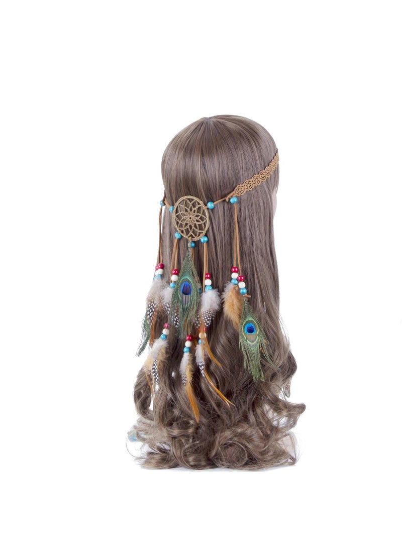 Oasisgalore Hippie Headband Feather Dreamcatcher Headdress Boho Feather Headwear Feather Headpiece Hippie Peacock Feather Festival Hair Band - Image 4