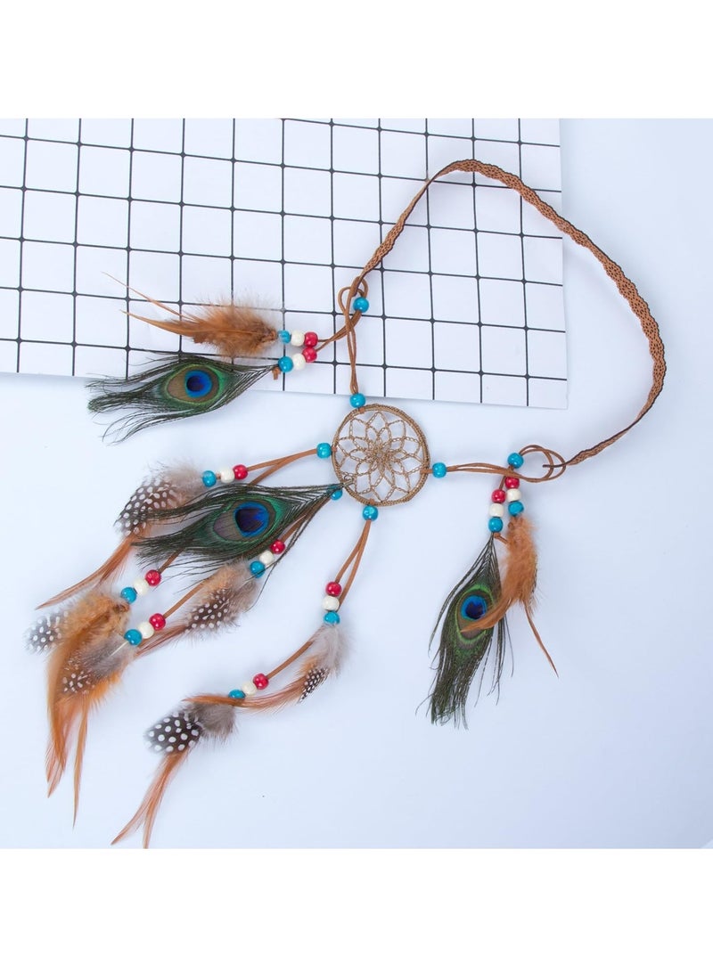 Oasisgalore Hippie Headband Feather Dreamcatcher Headdress Boho Feather Headwear Feather Headpiece Hippie Peacock Feather Festival Hair Band - Image 5