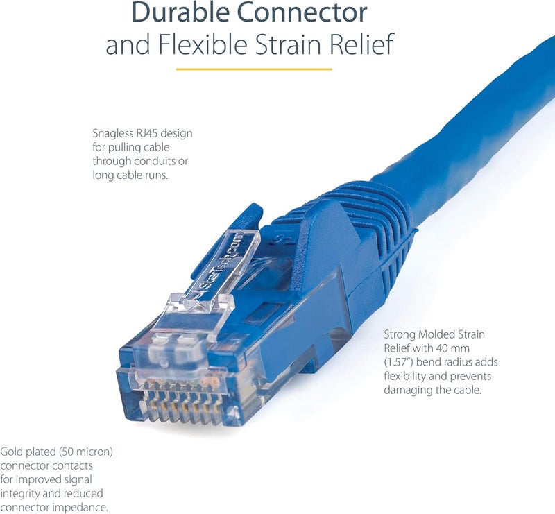 ستار تك كابل إيثرنت .com من نوع CAT6 بطول 1.5 متر - أزرق، سرعة نقل بيانات 1 جيجابت، تردد 650 ميغاهرتز، قدرة تزويد طاقة 100 واط عبر تقنية PoE، موصل RJ45 من نوع UTP، مزود بحماية ضد الخيوط المتشابكة، مصمم لتجنب التلف، مختبر من قبل شركة Fluke، ومعتمد وفقًا لمعايير UL/TIA (N6PATC150CMBL). - Image 3