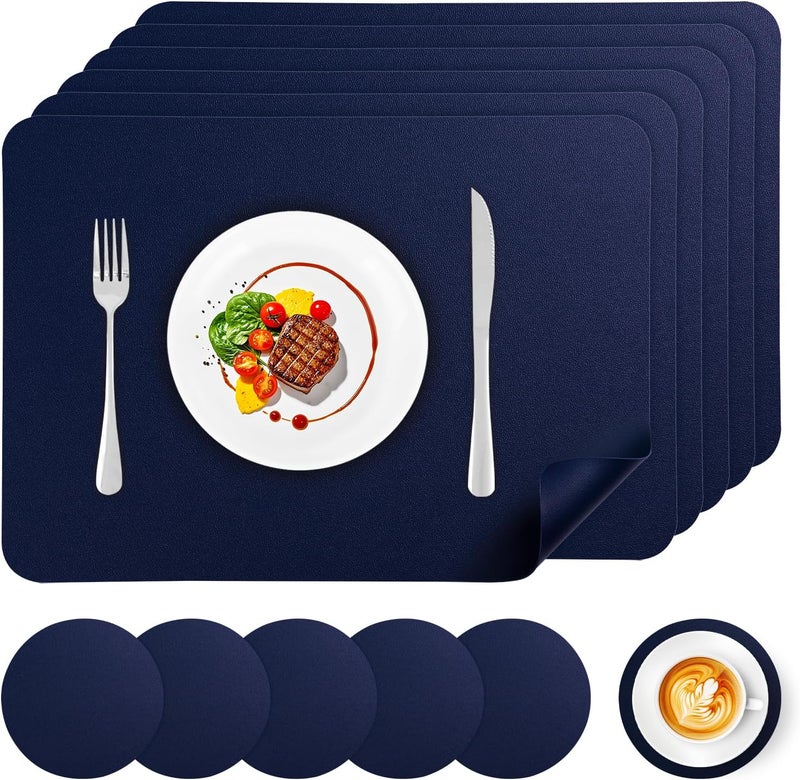 APLKER Leather Placemats, Set of 6 Heat Resistant Anti-Skid Placemats for Dining Table, Waterproof Washable Kitchen Table Mats and Coasters Easy to Clean (Navy Blue) | 17×12 In Heat Resistant Place Mats Set of 6 Wipebale & Washable Table Placemats for Kitchen Dining Indoor & Outdoor NavyBlue - Image 1