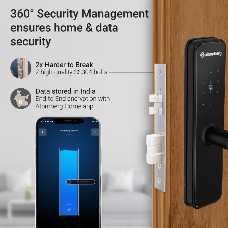 atomberg Azhero Smart Door Lock | 6 Ways Unlocking | Fingerprint | PIN | Remote OTP | NFC Card | App (Data Stored in India) | Key | Free Installation | 2 Year Warranty (Black) - Image 3