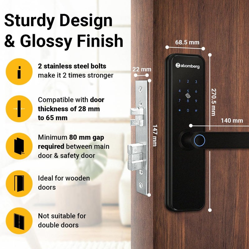 atomberg Azhero Smart Door Lock | 6 Ways Unlocking | Fingerprint | PIN | Remote OTP | NFC Card | App (Data Stored in India) | Key | Free Installation | 2 Year Warranty (Black) - Image 5