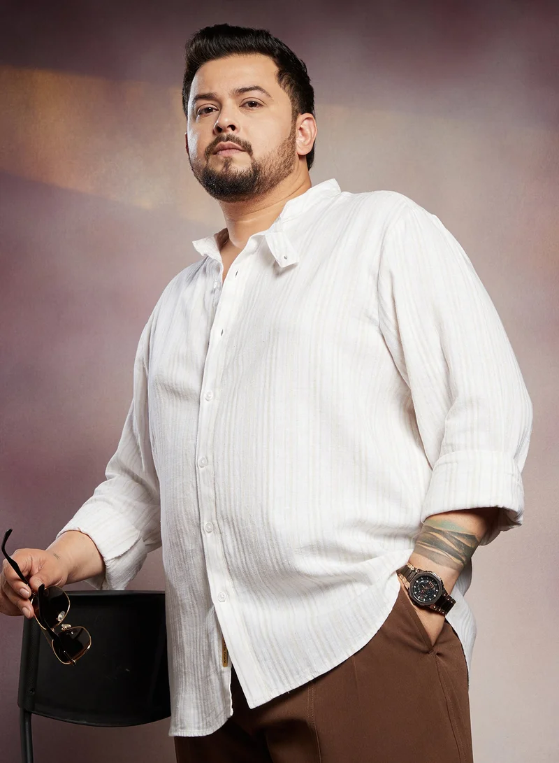 Instafab Plus Instafab Plus Men's Off-White & Beige Striped Extended-Band Collar Shirt For Casual Wear | Band Collar | Long Sleeve | Button Closure | Plus Size Shirt Crafted With Comfort Fit For Everyday Wear