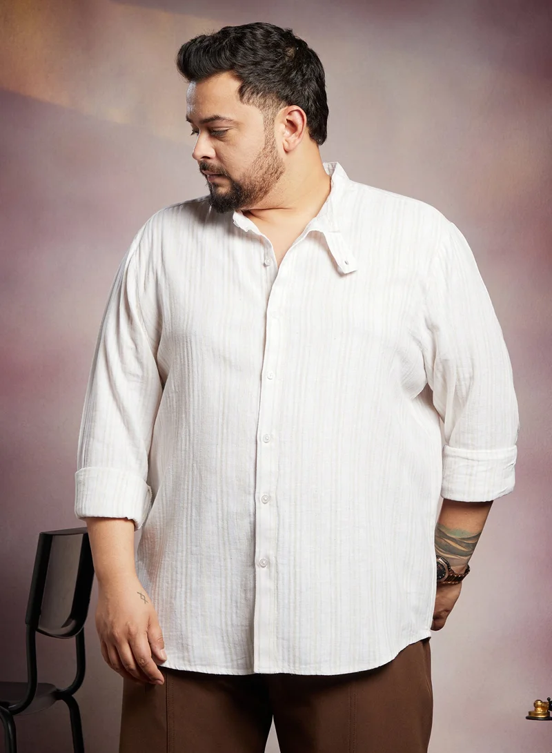 Instafab Plus Instafab Plus Men's Off-White & Beige Striped Extended-Band Collar Shirt For Casual Wear | Band Collar | Long Sleeve | Button Closure | Plus Size Shirt Crafted With Comfort Fit For Everyday Wear