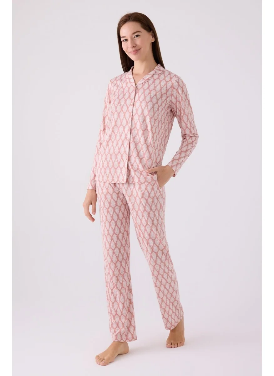 Arnetta Women's Retro Pink Pajama Set, Long Sleeve Buttoned and Pocketed Women's Pajama Set