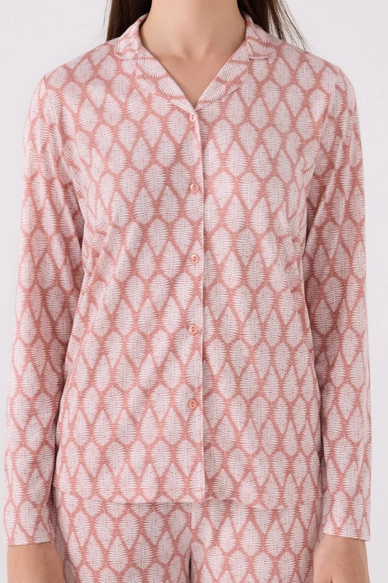 ارنيتا Women's Retro Pink Pajama Set, Long Sleeve Buttoned and Pocketed Women's Pajama Set