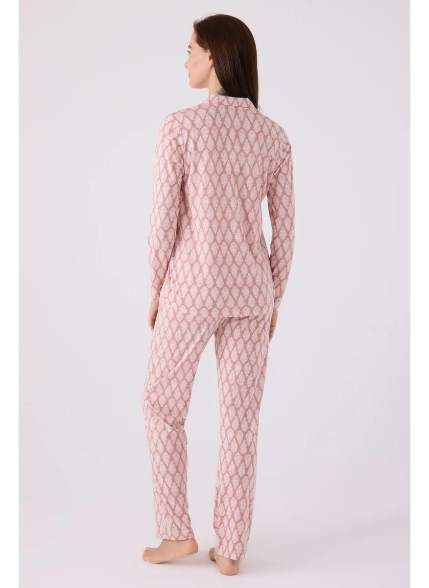 Arnetta Women's Retro Pink Pajama Set, Long Sleeve Buttoned and Pocketed Women's Pajama Set