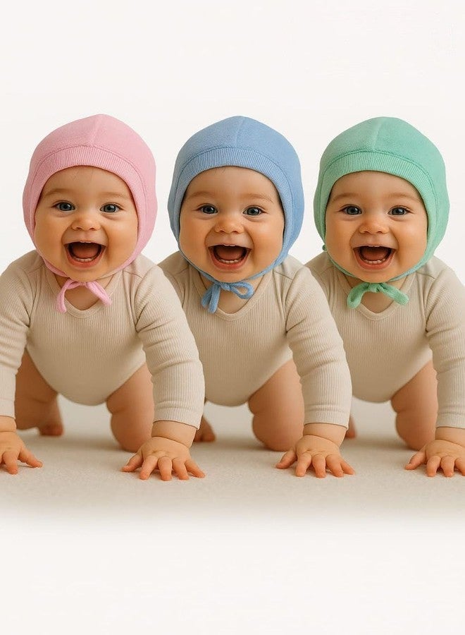 FASHFLOW Unisex Pure Cotton Caps/Topi for Babies Combo Pack of 3 with Knot Closure (in, Age, 12 Months, 18 Months, Plain) - Image 2