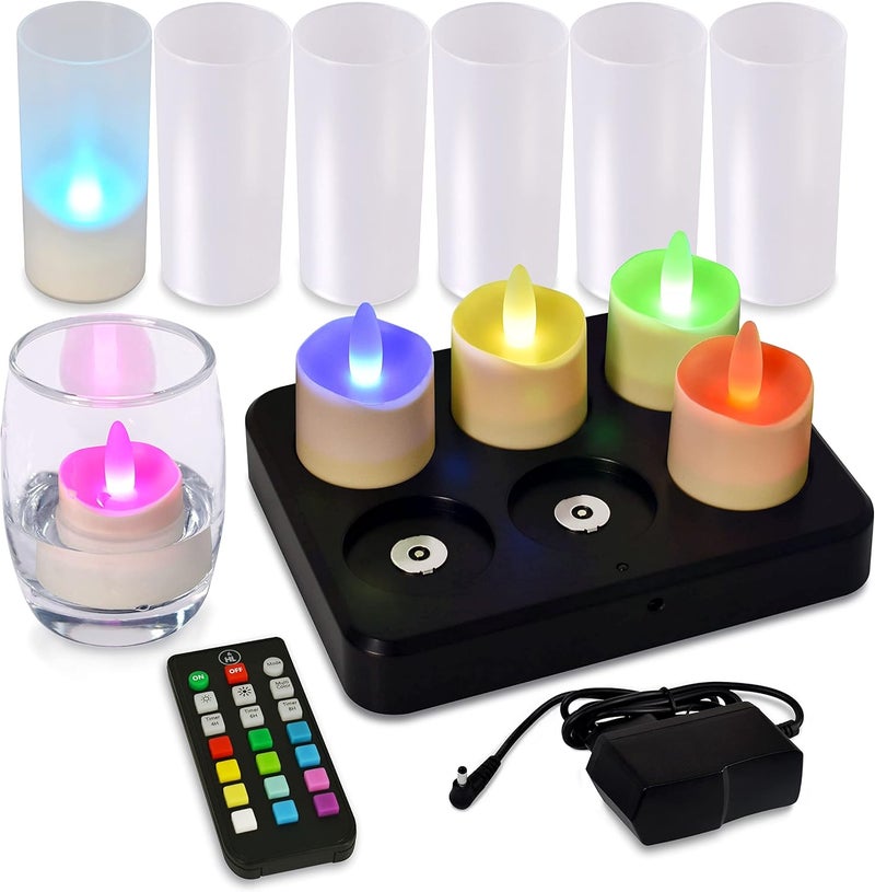 HL Flameless Candles with Remote Timer&Charging Station, 60+Hours Rechargeable Waterproof Outdoor RGB Tea Lights Colorful Candles for Valentine's Gift Halloween Christmas Home Party Decor-6pcs - Image 1