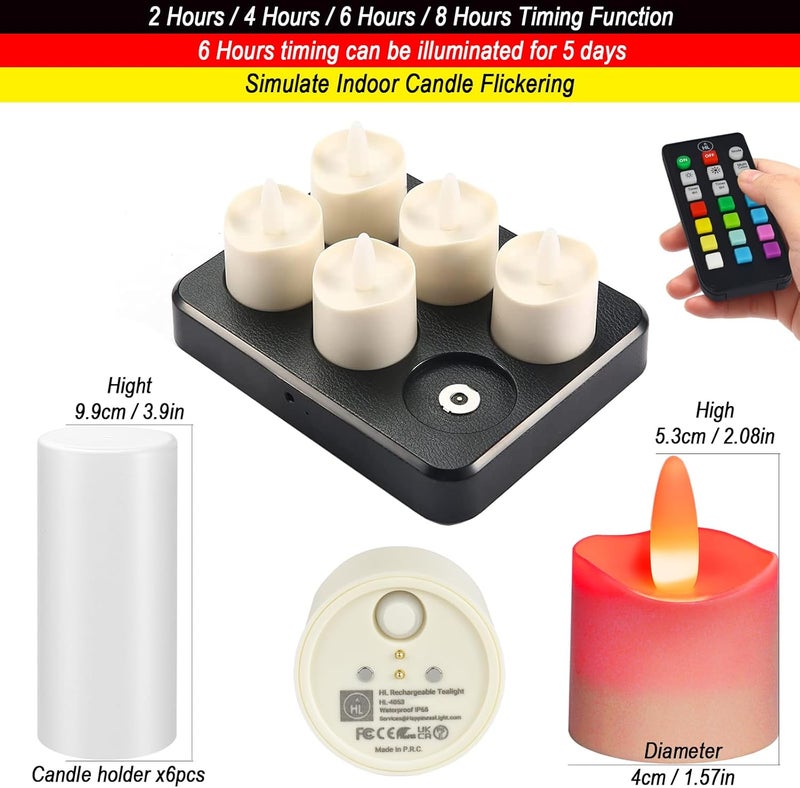 HL Flameless Candles with Remote Timer&Charging Station, 60+Hours Rechargeable Waterproof Outdoor RGB Tea Lights Colorful Candles for Valentine's Gift Halloween Christmas Home Party Decor-6pcs - Image 2